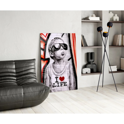 Graffiti kid in sunglasses with I Love Life shirt on black-and-white canvas wall art