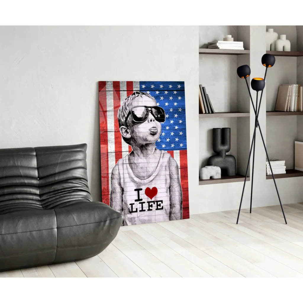 Vibrant American flag wall art canvas print of cool boy in sunglasses and I love life tank top