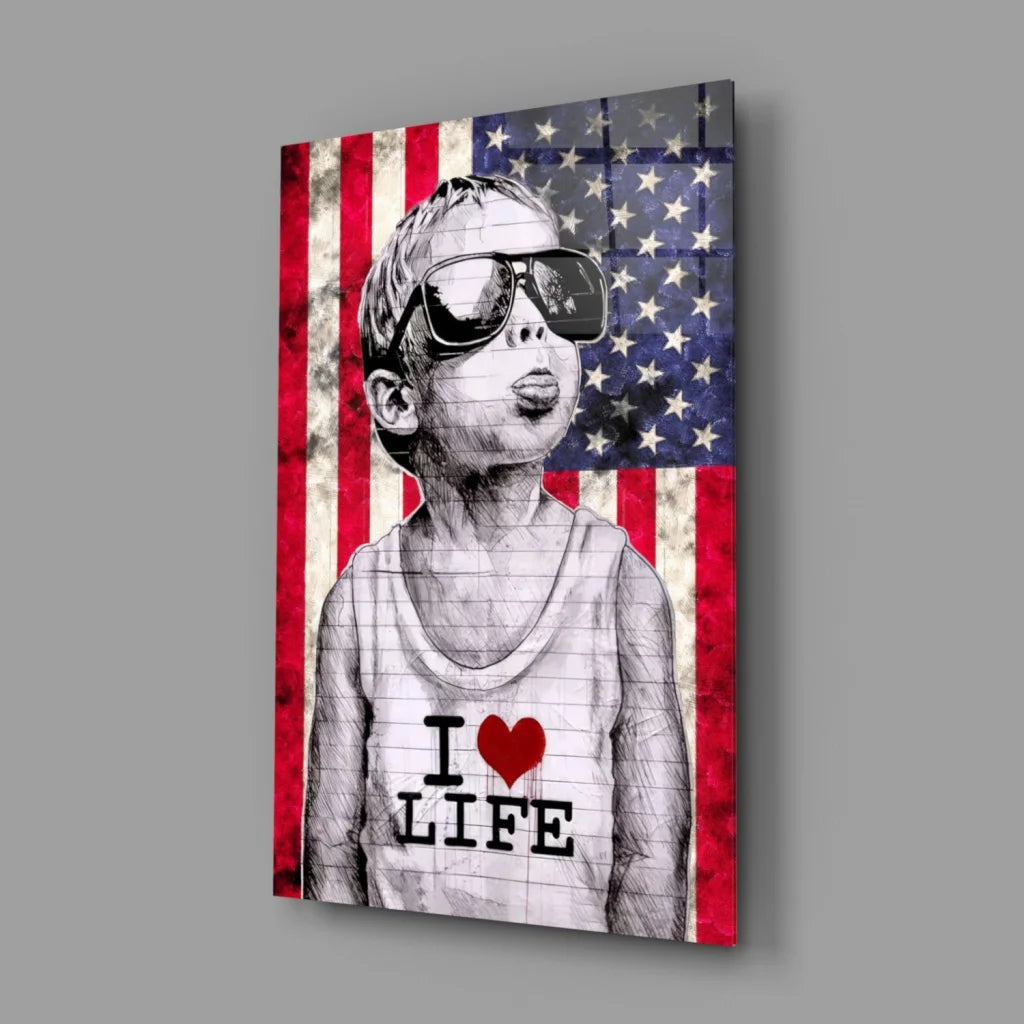 Patriotic boy in sunglasses with I love life shirt on distressed American flag canvas wall art