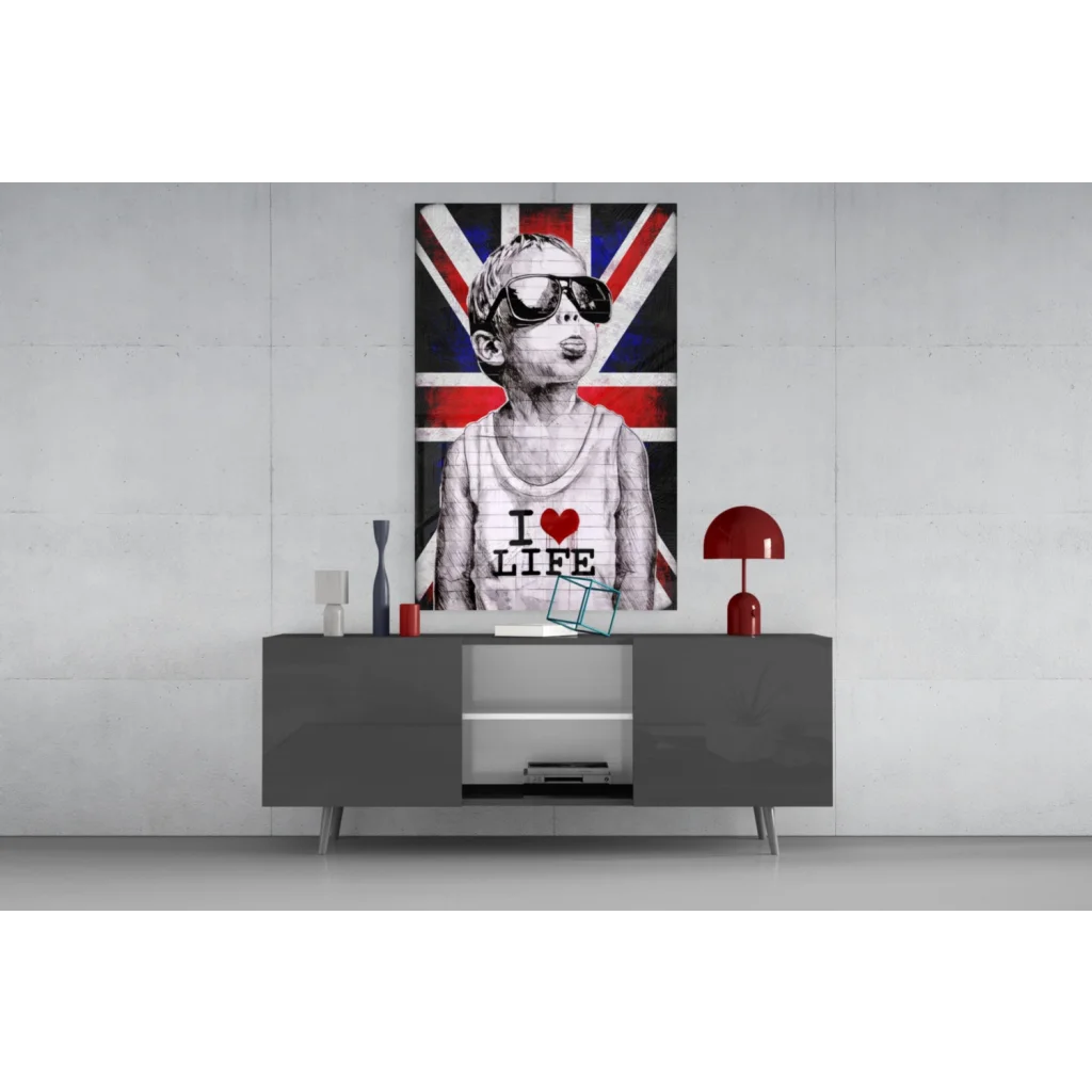 Cool kid in shades and I love life tank on Union Jack wall art canvas
