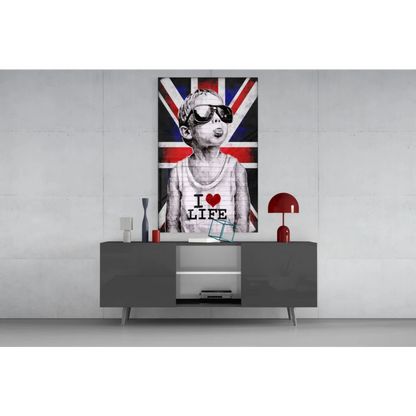 Cool kid in shades and I love life tank on Union Jack wall art canvas
