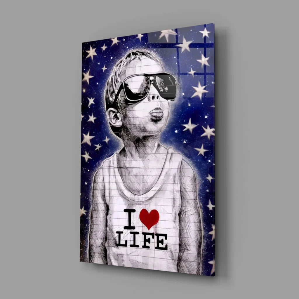 Cool Kid I Love Life Glass Wall Art with Starry Blue Background | Glass Wall Art Print | vintageantiquesgifts.com