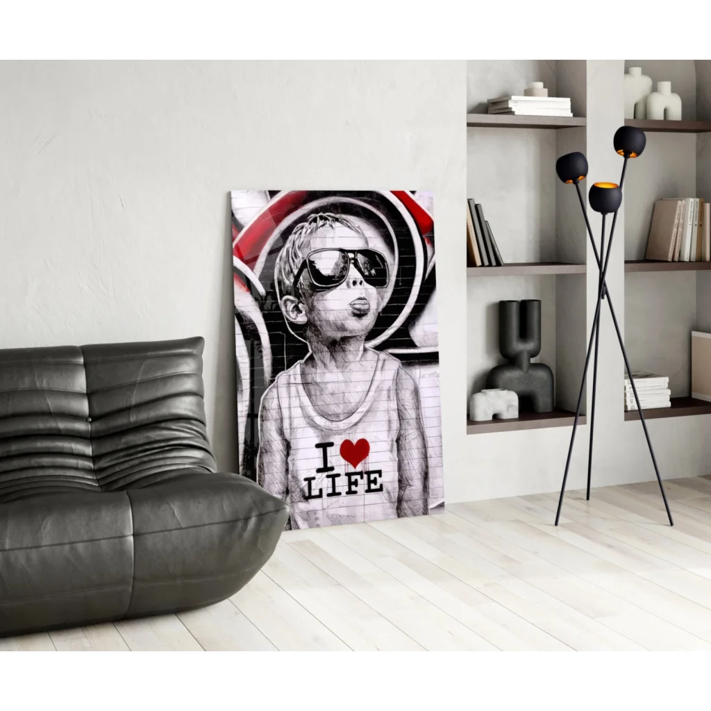 Stylized kid in shades on I Love Life graffiti canvas wall art print