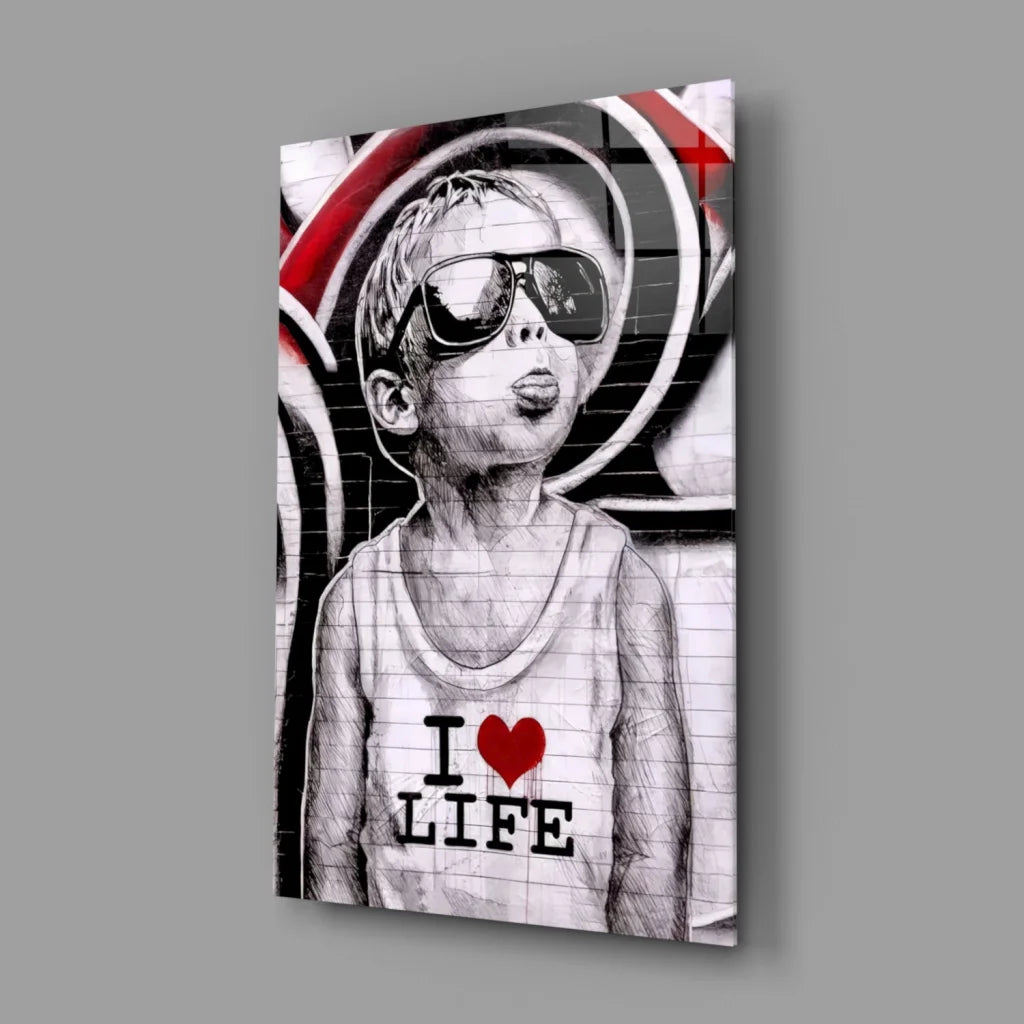 Black-and-white graffiti boy in sunglasses and i love life tank top wall art print