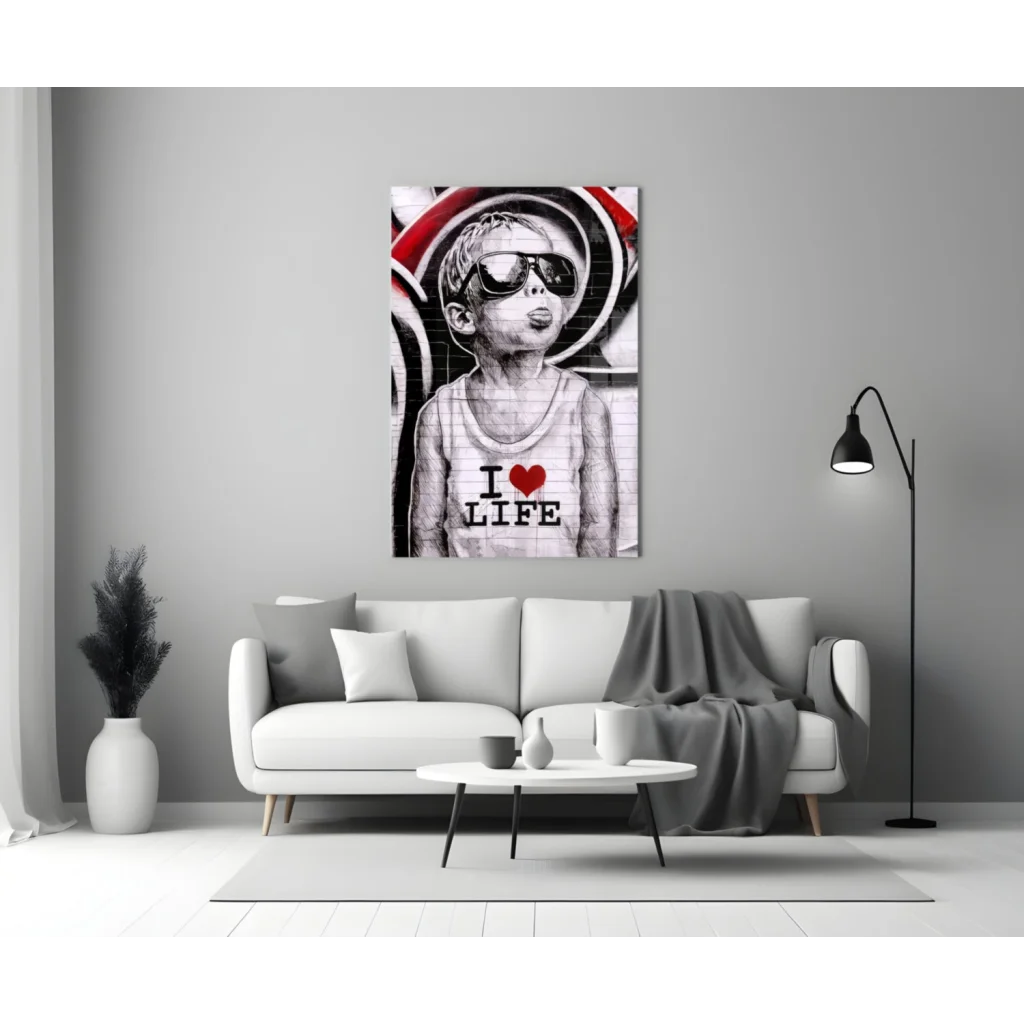 I love life graffiti street art canvas wall art print with child in sunglasses
