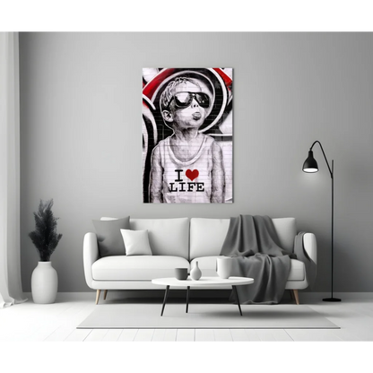 I love life graffiti street art canvas wall art print with child in sunglasses