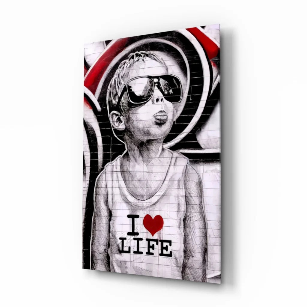 I Love Life graffiti boy in sunglasses on black-and-white wall art canvas print