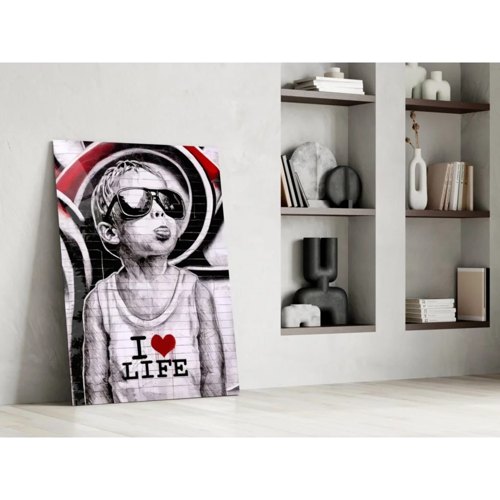 Black-and-white graffiti boy in sunglasses with I Love Life shirt on canvas wall art