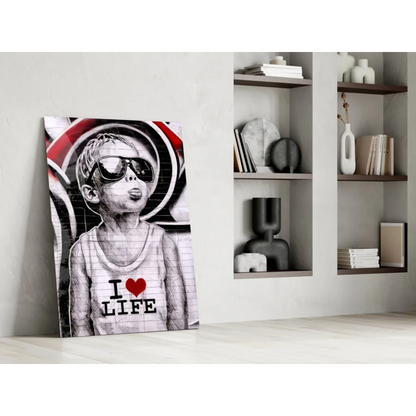 Black-and-white graffiti boy in sunglasses with I Love Life shirt on canvas wall art