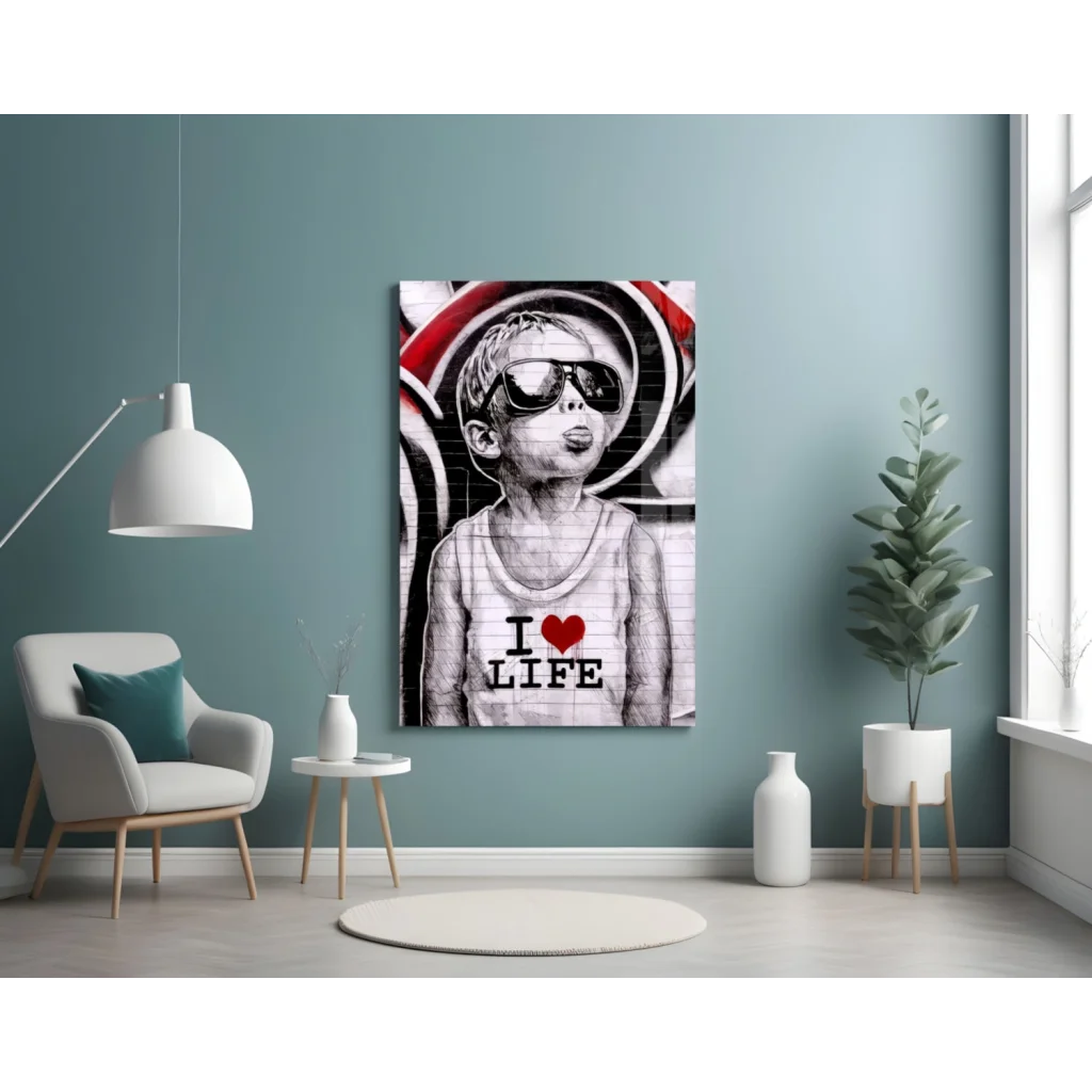 Kid in shades and I Love Life tank graffiti black-and-white wall art print