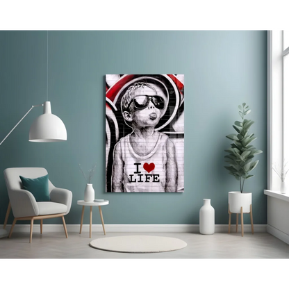 Kid in shades and I Love Life tank graffiti black-and-white wall art print