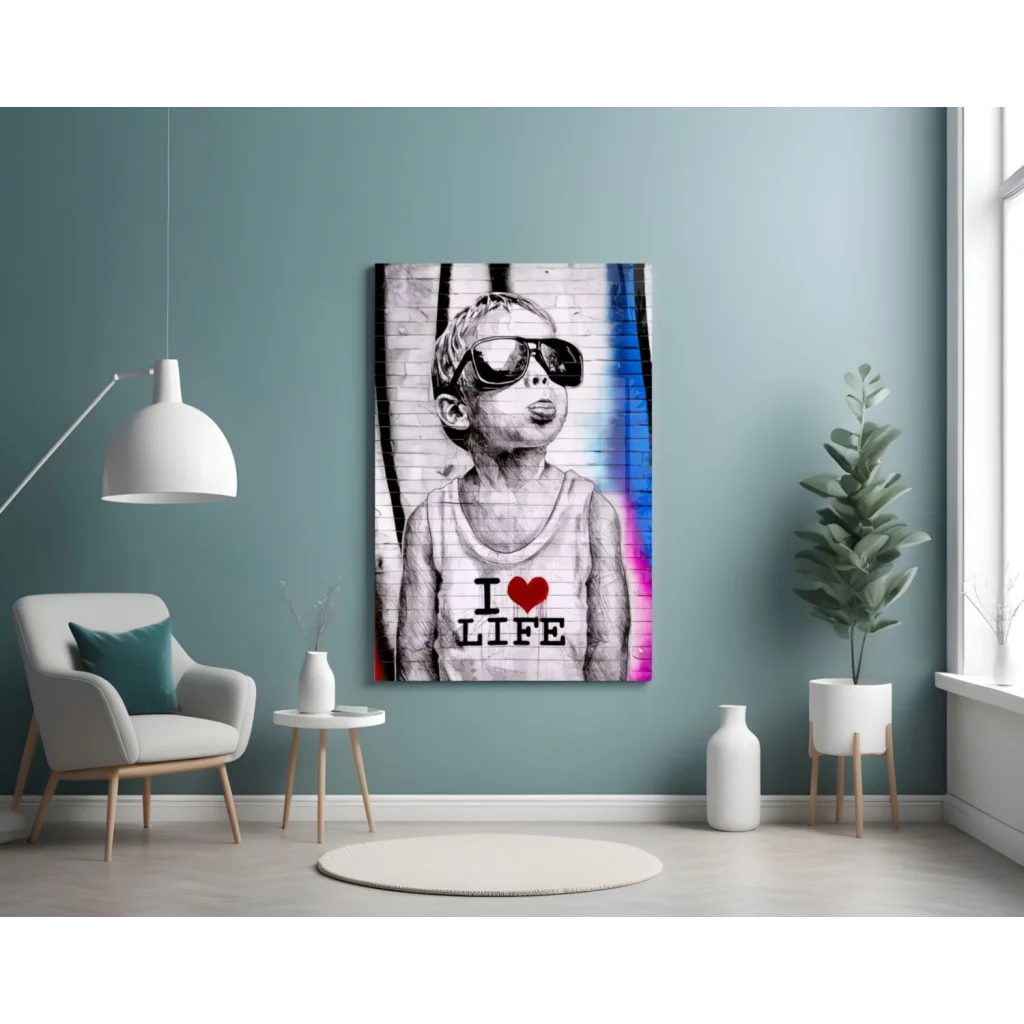 Vibrant I Love Life canvas wall art print with black and white child in sunglasses on colorful abstract background