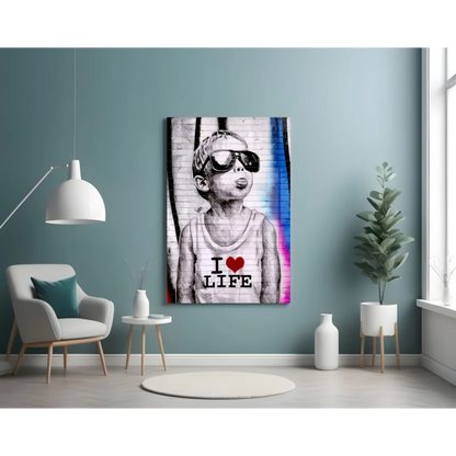 Vibrant I Love Life canvas wall art print with black and white child in sunglasses on colorful abstract background