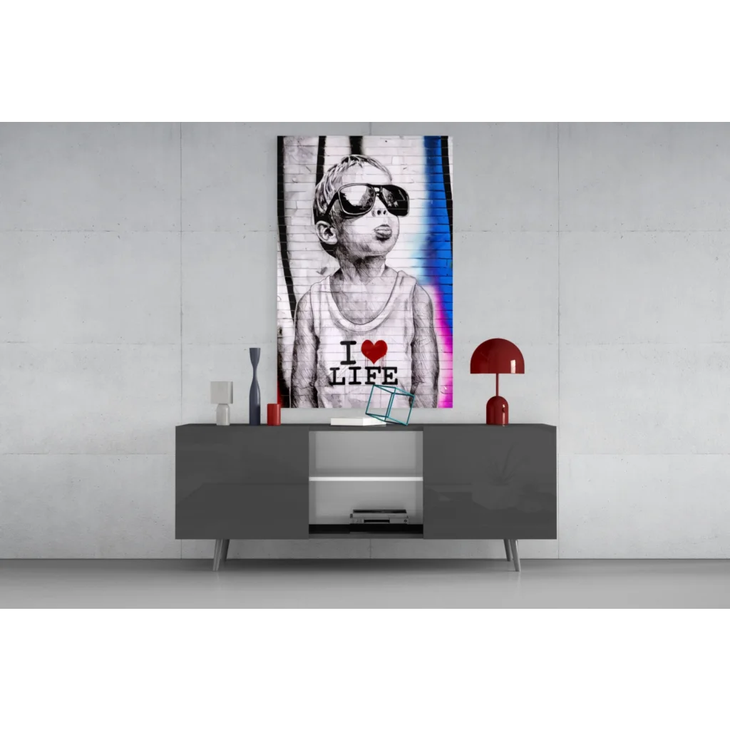 Black and white I Love Life wall art print with sunglasses