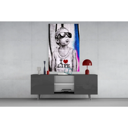 Black and white I Love Life wall art print with sunglasses