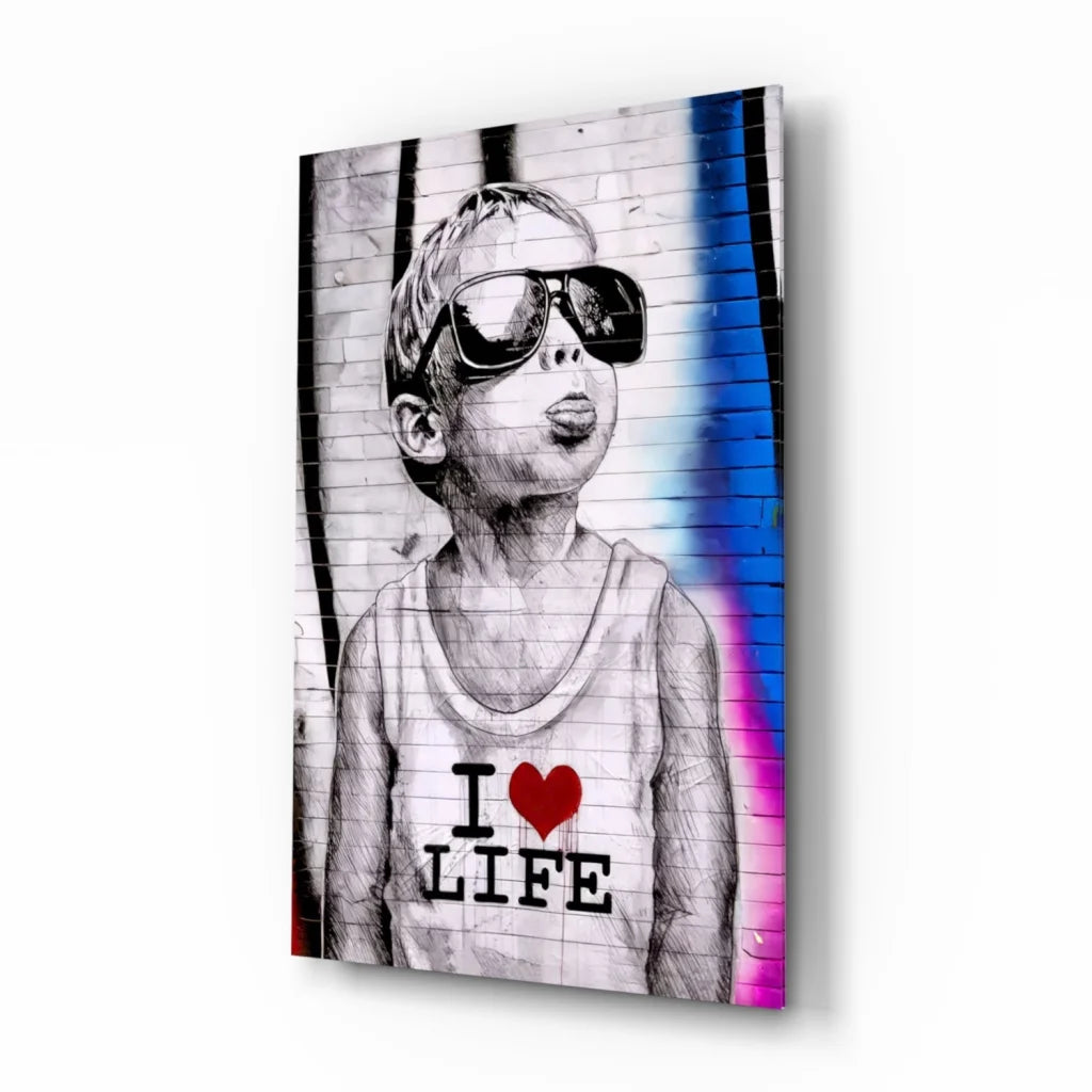 Vibrant I Love Life wall art print with tank top, sunglasses and graffiti