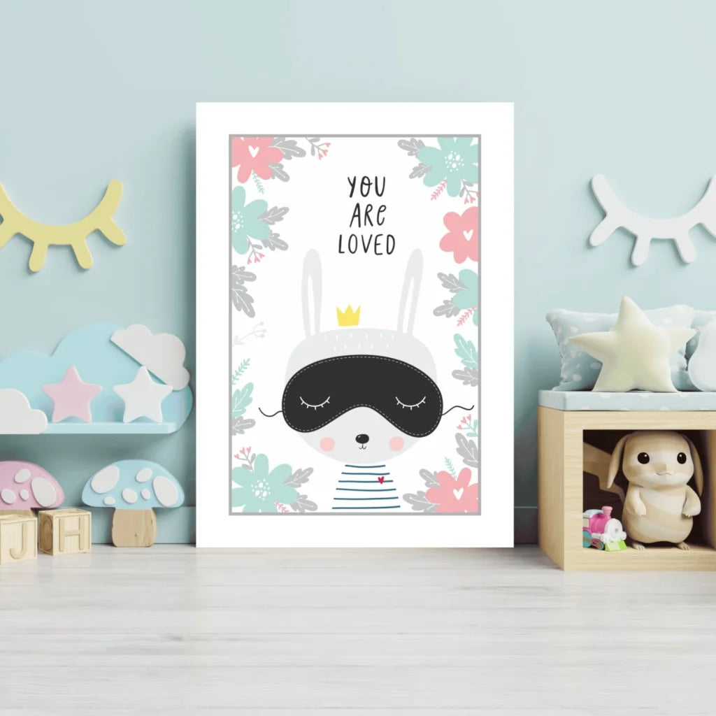 Cute bunny in sleep mask on Insigne aluminum print with you are loved text
