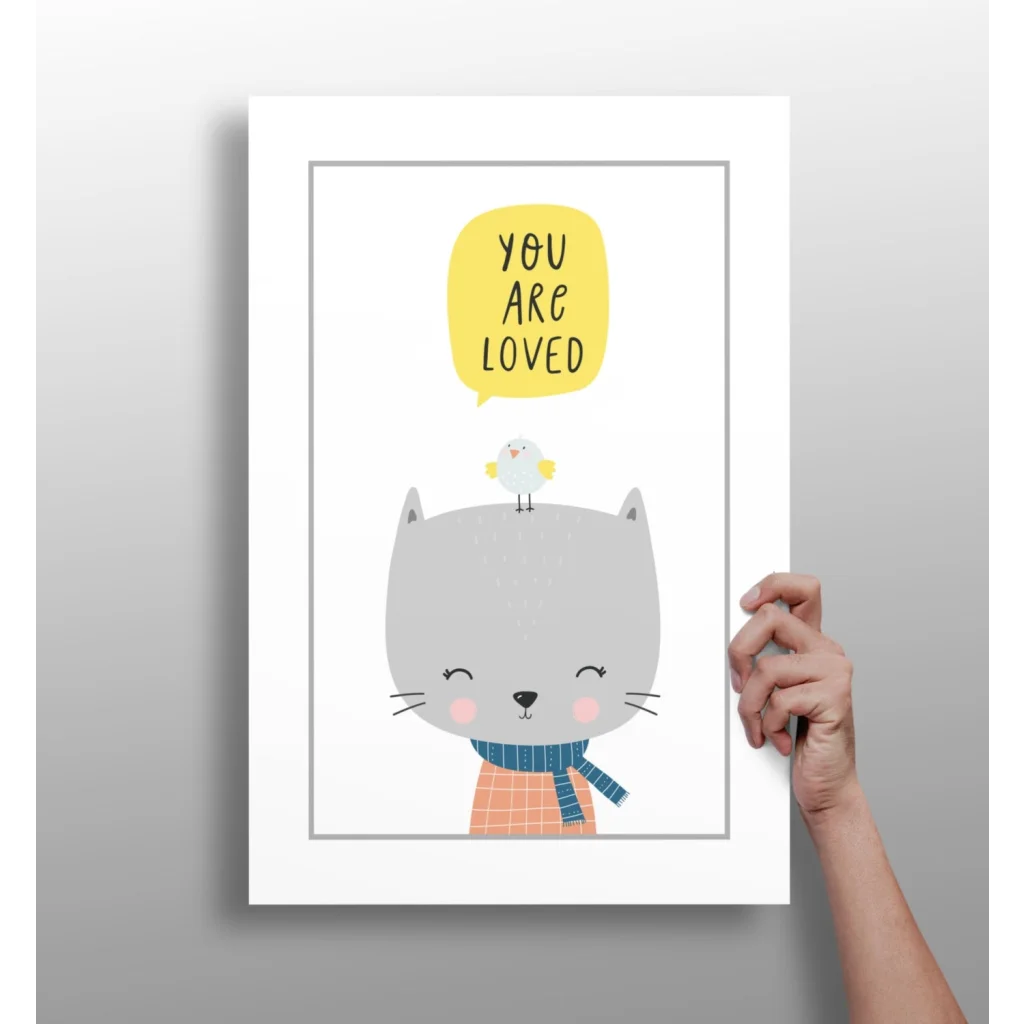 Insigne aluminum prints: gray cat with bird saying you are loved