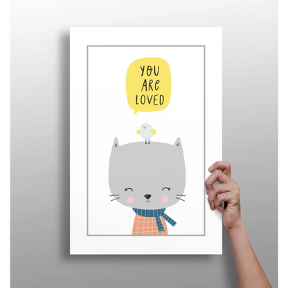 Insigne aluminum prints: gray cat with bird saying you are loved