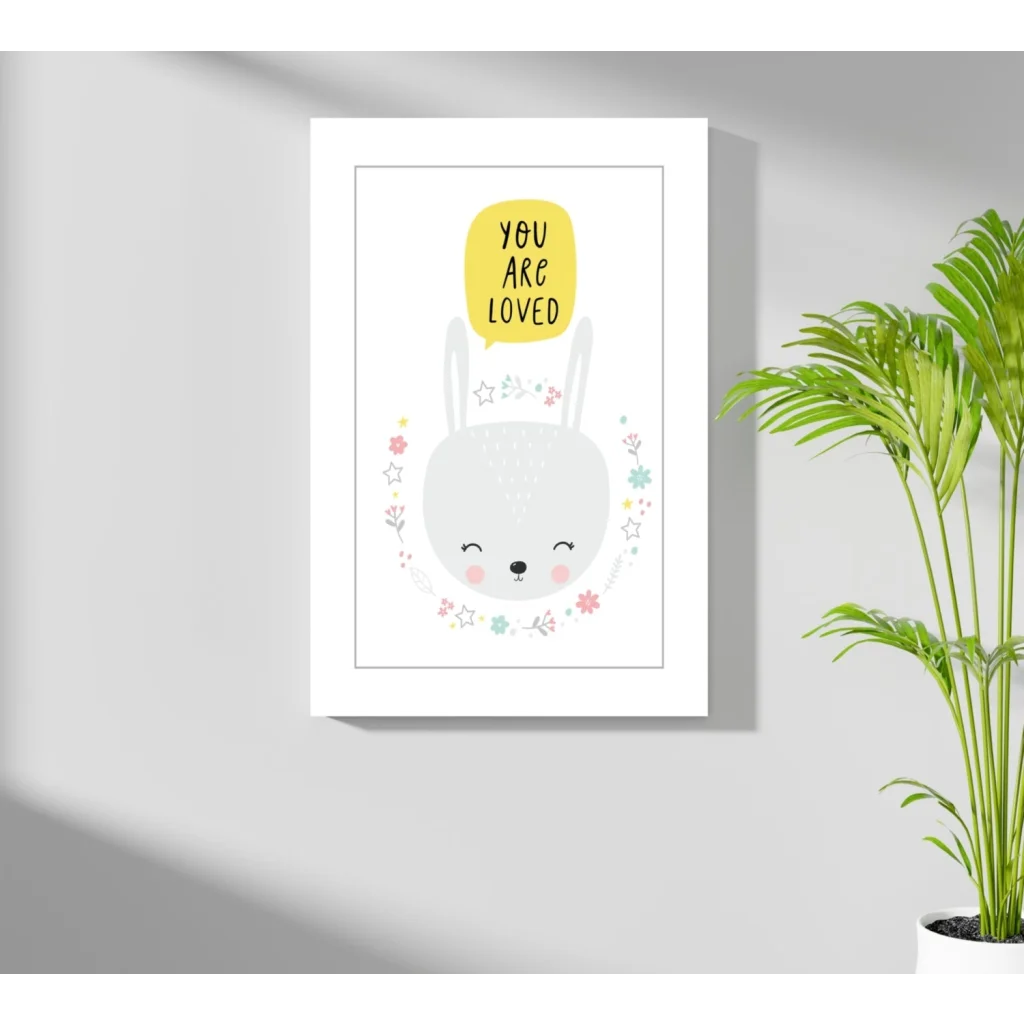 Cute gray bunny in white-framed Insigne aluminum print saying you are loved