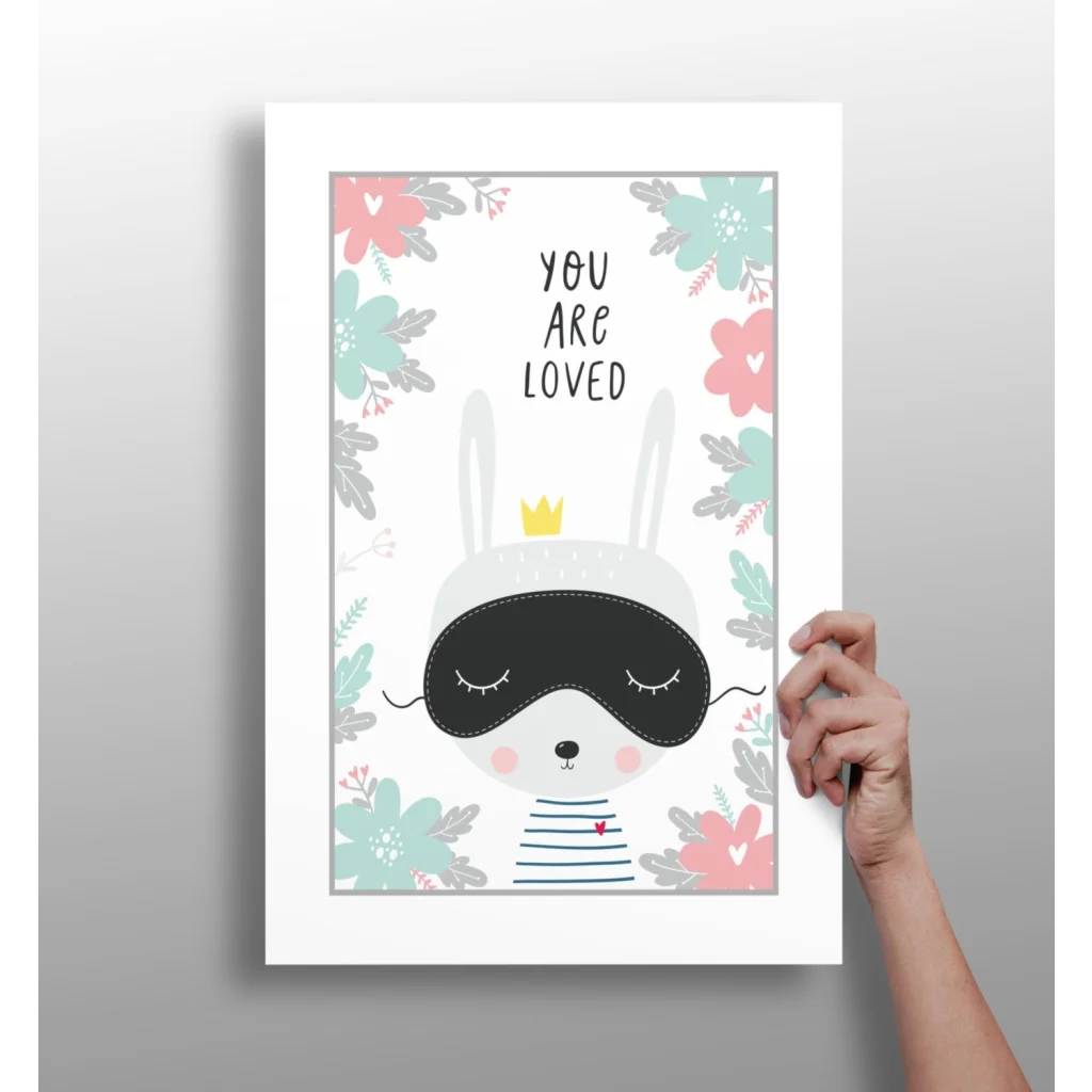 Charming crowned bunny in sleep mask on Insigne aluminum print