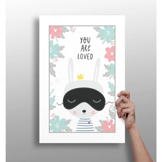 Charming crowned bunny in sleep mask on Insigne aluminum print