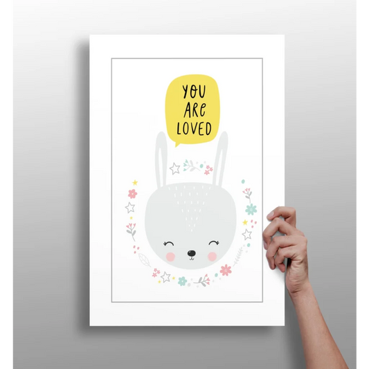 Cute gray bunny You Are Loved insigne aluminum print for kids room