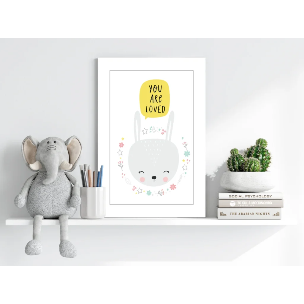 Cute gray bunny You Are Loved insigne aluminum print with pastel flowers