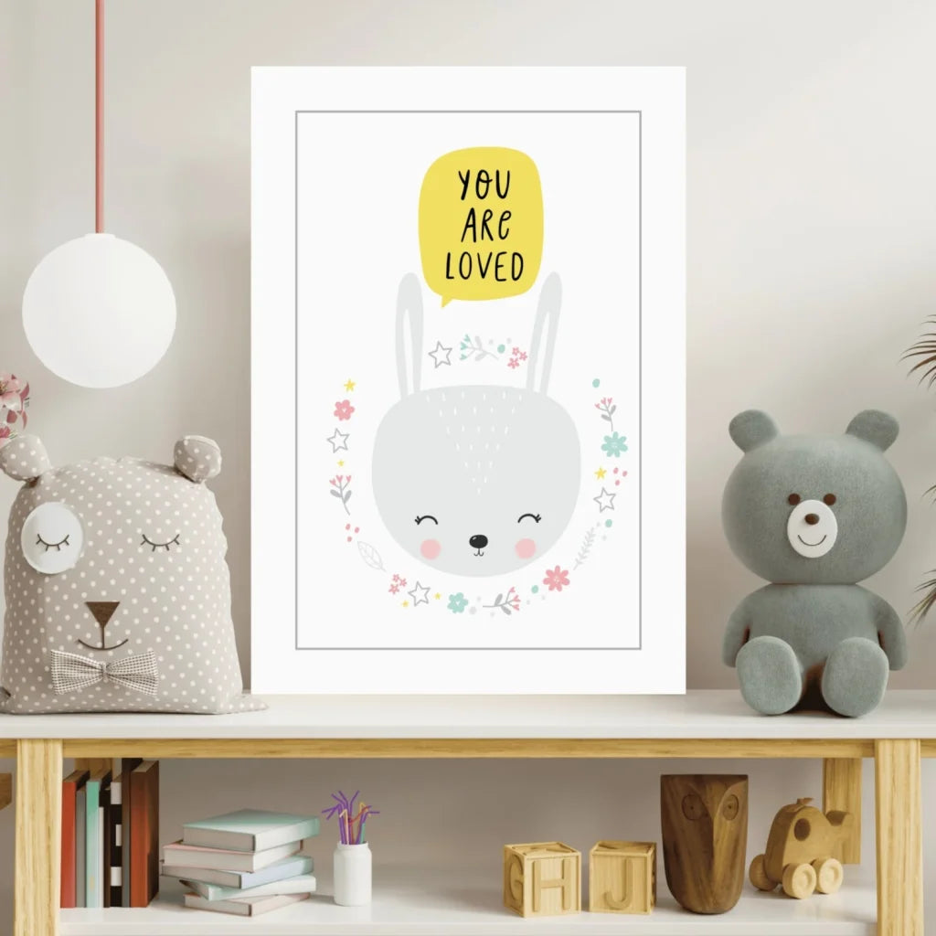 Cute gray bunny in Insigne aluminum print for kids room