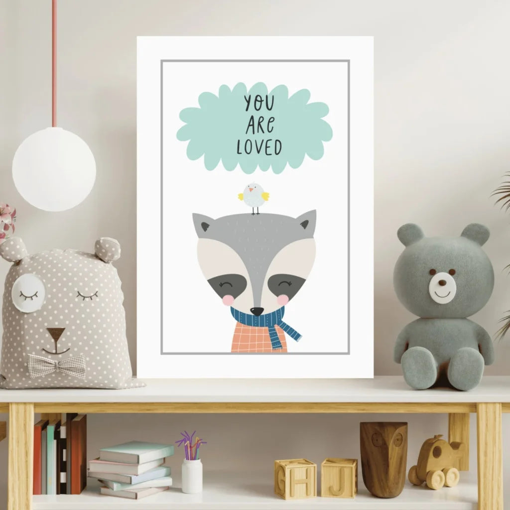 Insigne aluminum print of sleeping raccoon with bird on teal cloud
