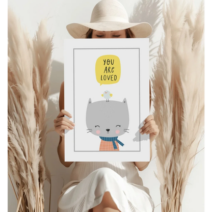 Charming gray cat Insigne aluminum print with modern elegance and love message