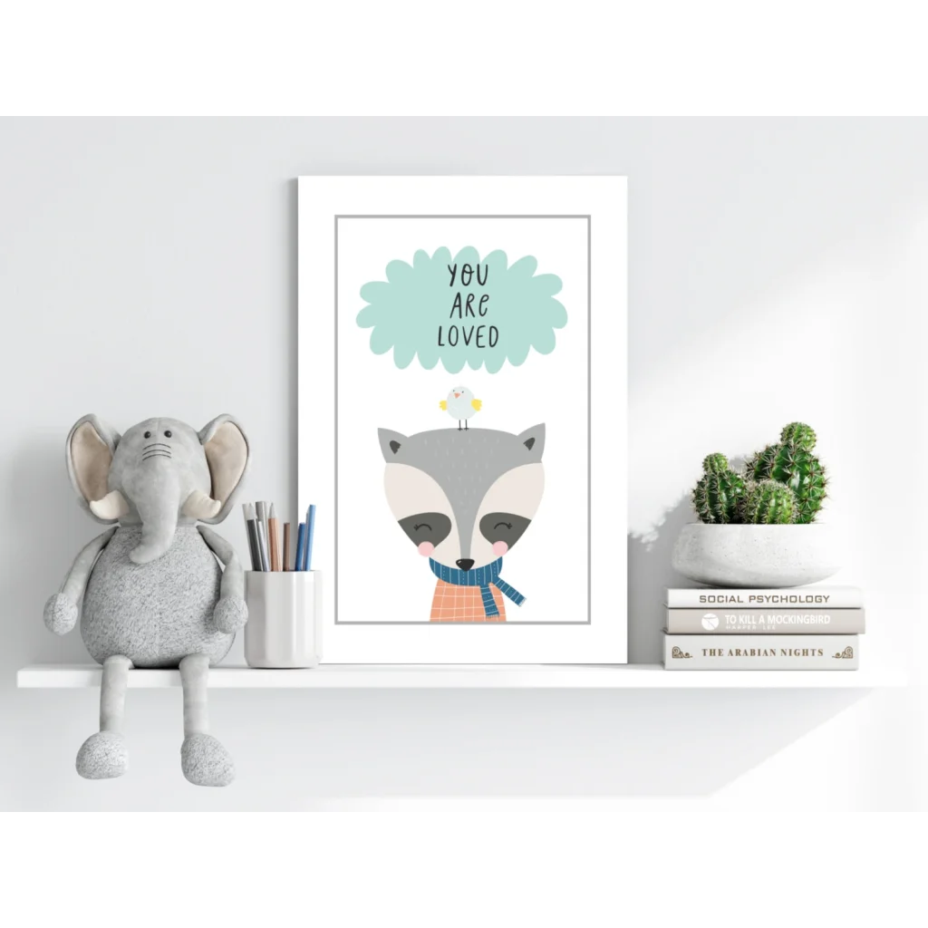Framed cartoon raccoon in orange scarf on Insigne aluminum print