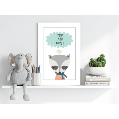Framed cartoon raccoon in orange scarf on Insigne aluminum print