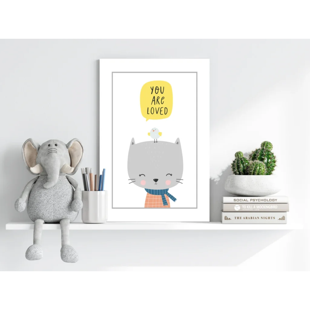 Gray illustrated cat on Insigne aluminum print with you are loved speech bubble