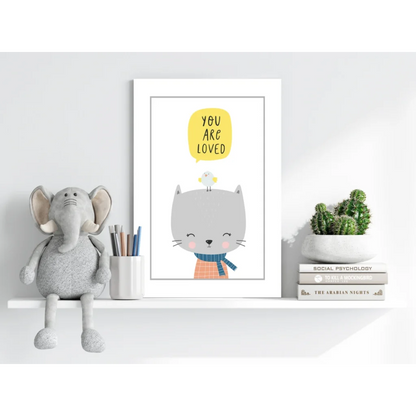 Gray illustrated cat on Insigne aluminum print with you are loved speech bubble