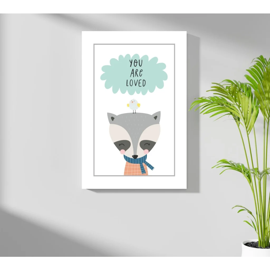 Cute gray raccoon in plaid scarf with bird on Insigne aluminum print: you are loved