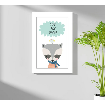 Cute gray raccoon in plaid scarf with bird on Insigne aluminum print: you are loved