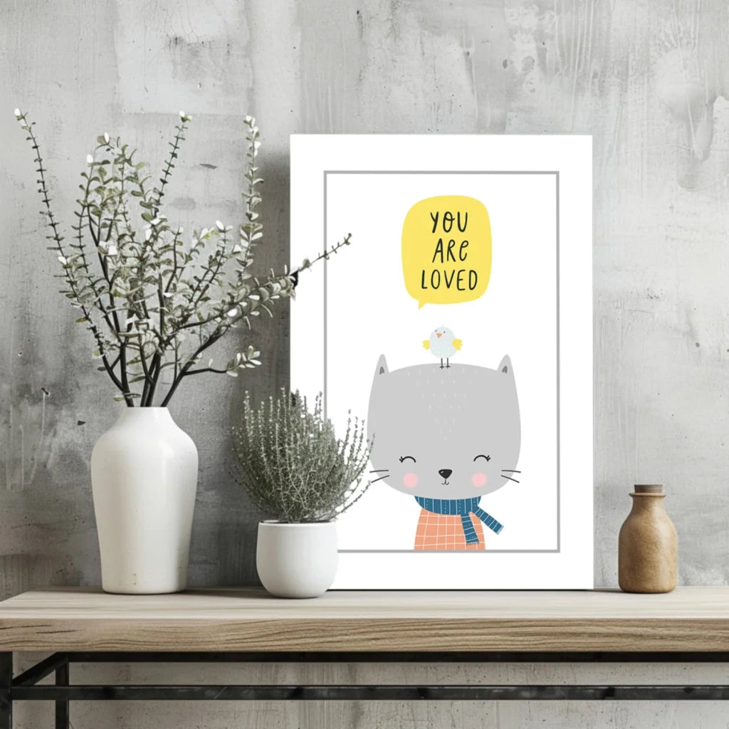 Insigne aluminum print of gray cat with bird and you are loved message
