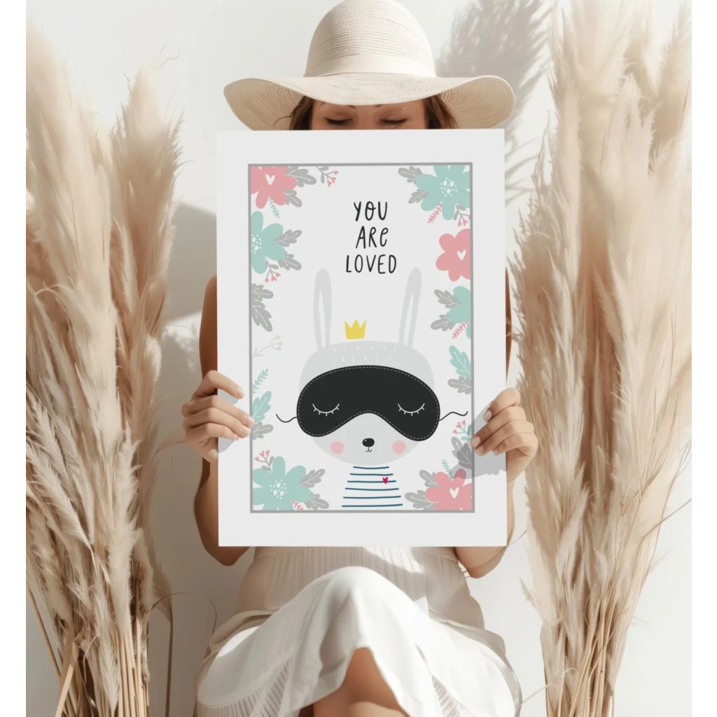 Charming white bunny with sleep mask and crown on insigne aluminum print