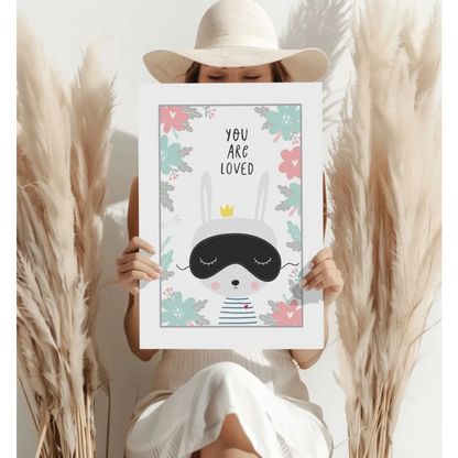 Charming white bunny with sleep mask and crown on insigne aluminum print