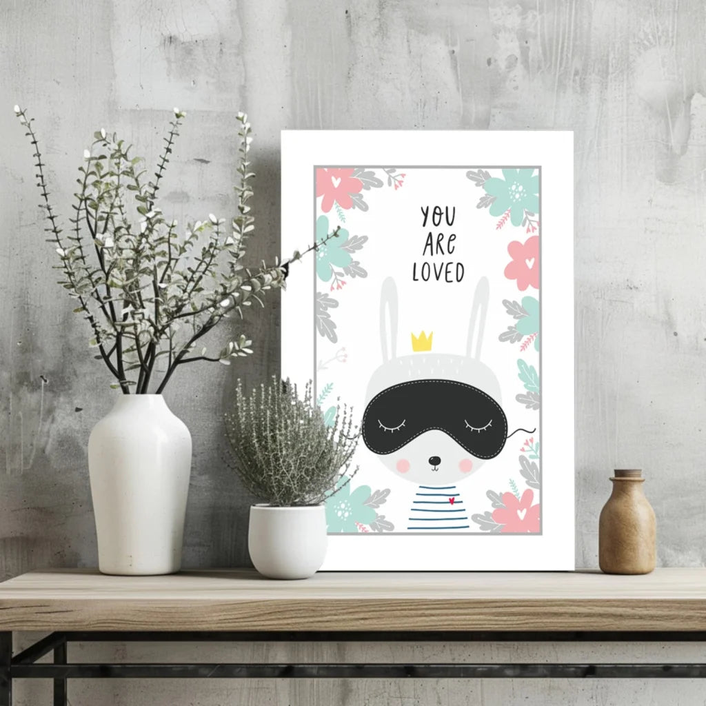 Cute bunny in sleep mask on Insigne aluminum print: You are loved