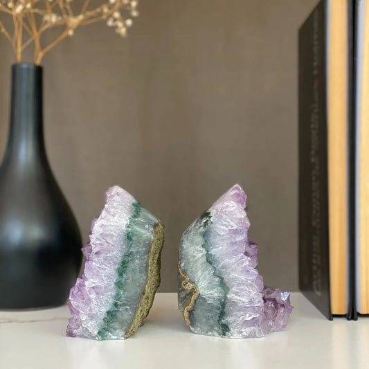 Lovely amethyst set geode bookends with purple, green crystals