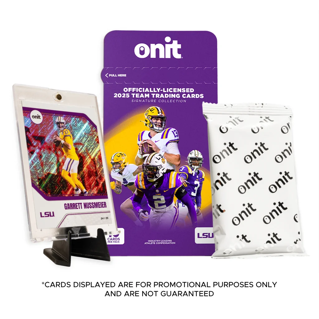 LSU Football trading cards single pack with clear sleeve and black stand