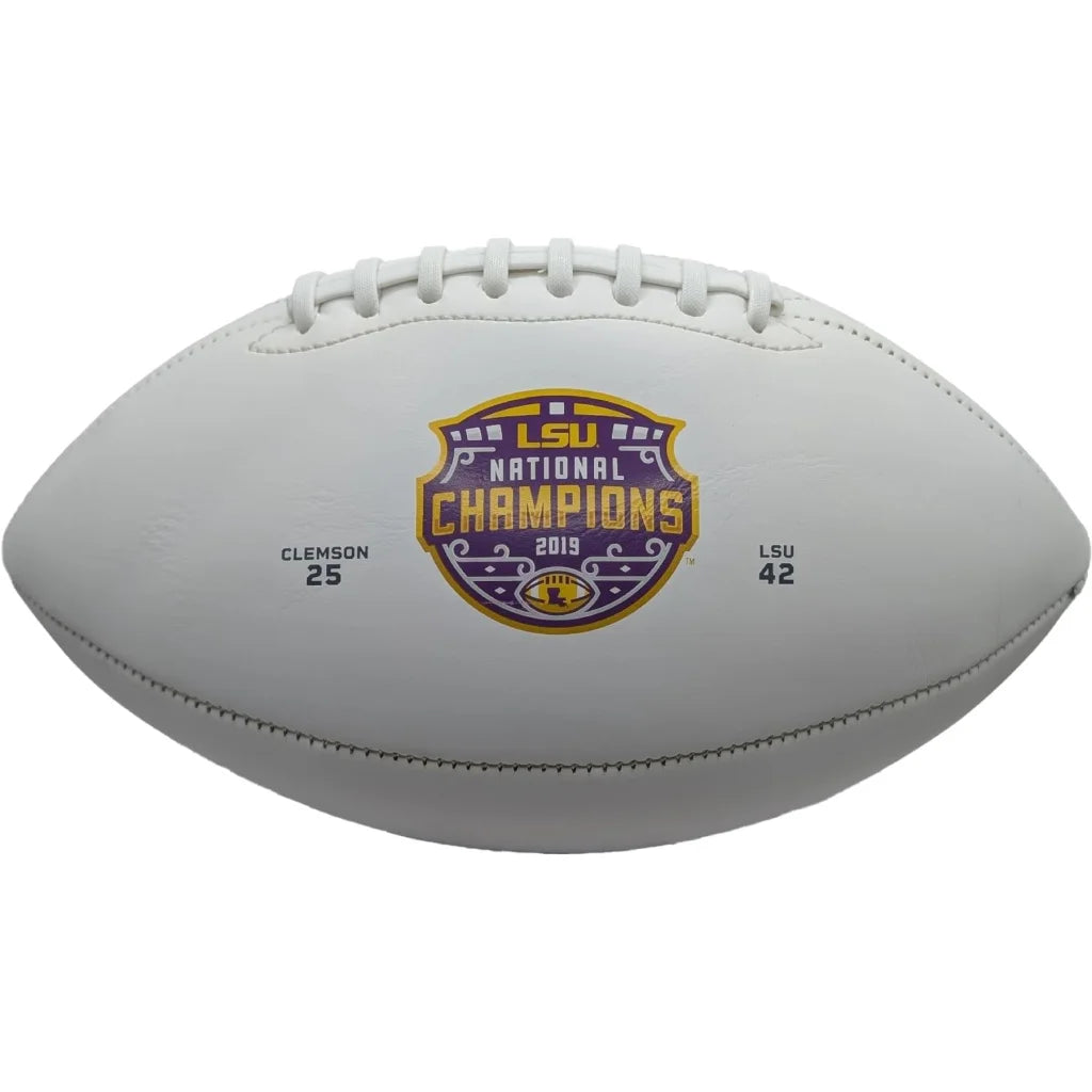 White leather LSU Tigers championship football with gold and purple accents