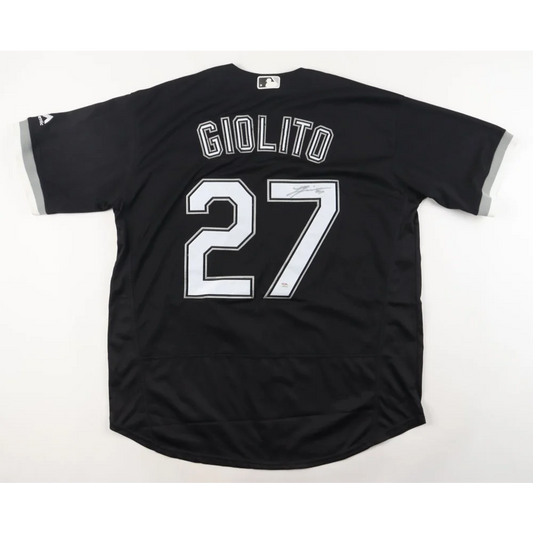 Black Chicago White Sox jersey with GIOLITO and 27 in white, PSA Certified