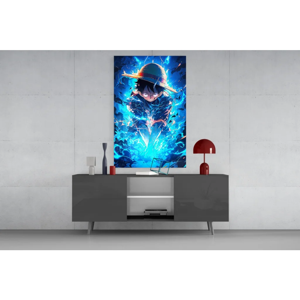Vibrant Luffy Electric Energy One Piece glass wall art poster