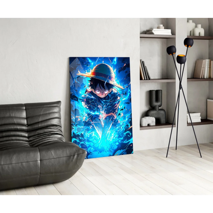 Vibrant Luffy in straw hat with electric energy on One Piece glass wall art