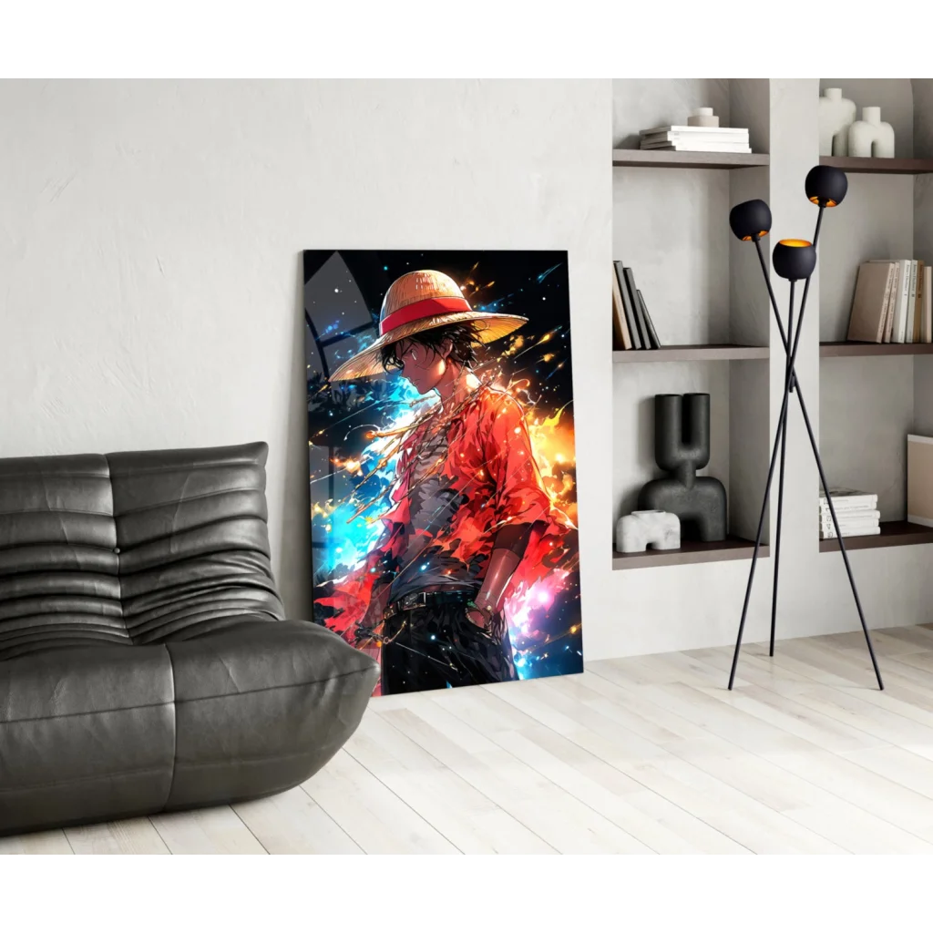 Anime warrior in straw hat and red jacket on cosmic fiery wall art canvas