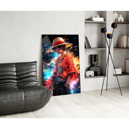 Anime warrior in straw hat and red jacket on cosmic fiery wall art canvas