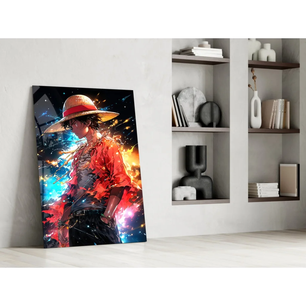 Vibrant anime warrior in straw hat and red jacket on cosmic fiery canvas wall art